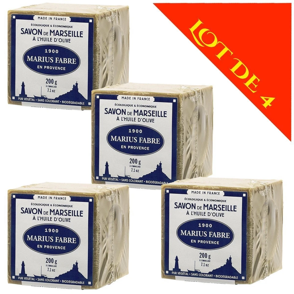 Lot de 4 savons de MARSEILLE à L'HUILE D'OLIVE - Cubes de 200g - Marius Fabre