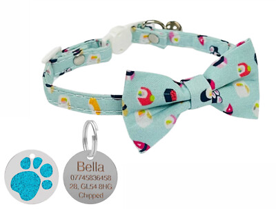 Sushi Katzenhalsband mit Fliege, Sicherheitsschnalle Glocke & personalisierte Glitzer Pfotenanhänger