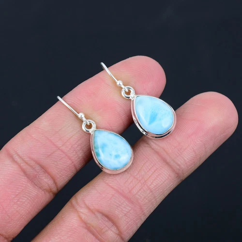 Natural Larimar Gemstone Solid 925 Sterling Silver Earrings Jewelry Gift E-1275