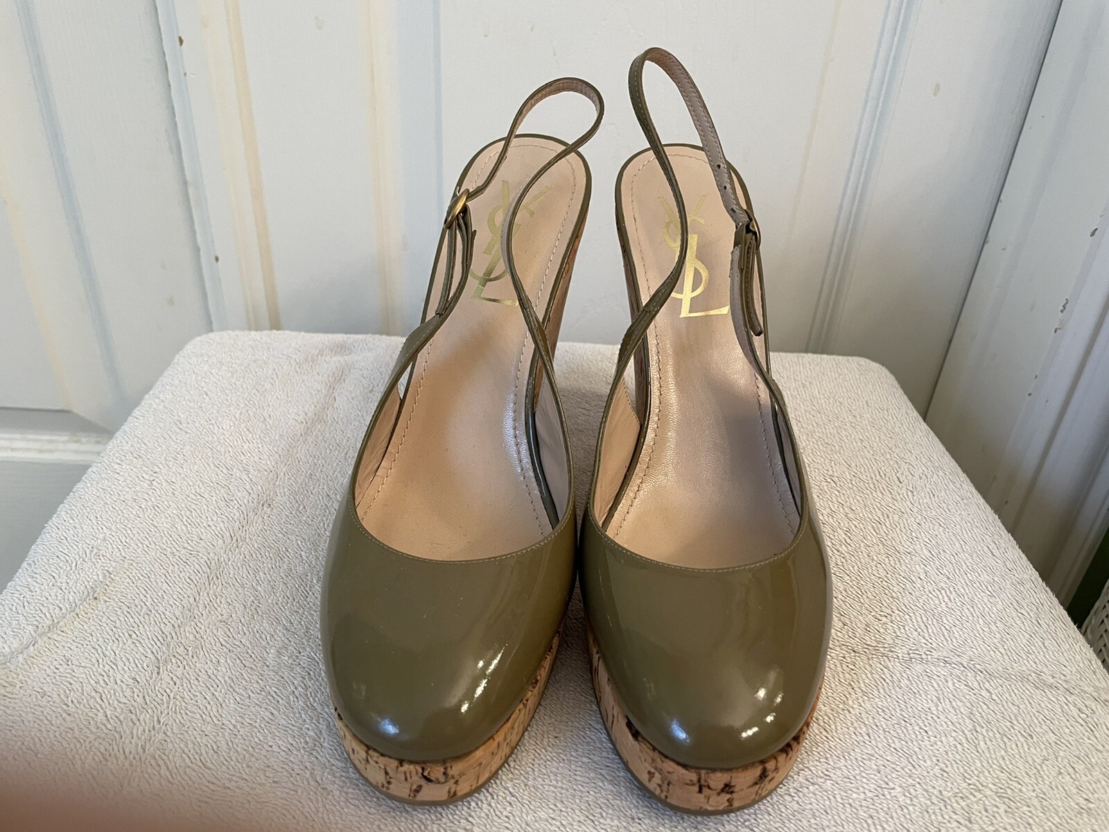 Yves Saint Laurent Giglio Zeppa Sughero Pelle Verniciata Oliva Donna Tg 39