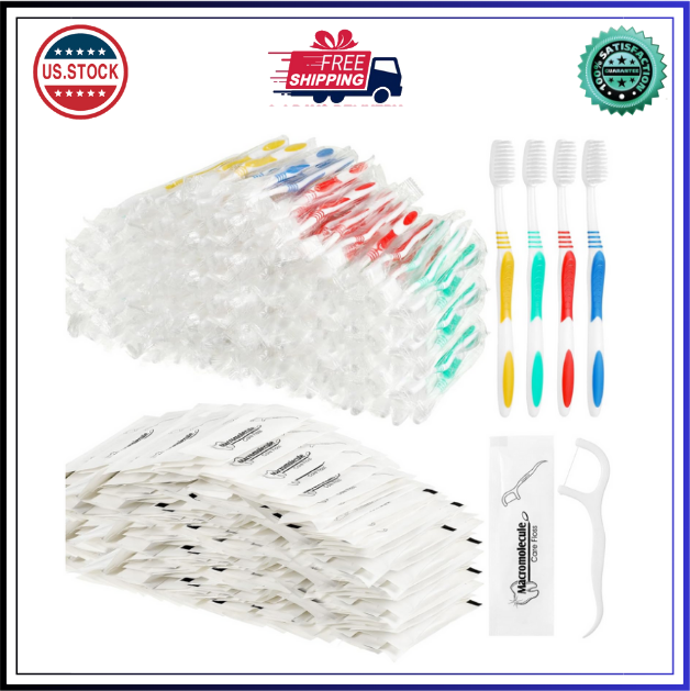 300 Pcs Bulk Toothbrushes & Dental Floss Set Individually Wrapped Soft Bristl