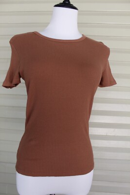 NQ 16) SIZE 8 ANKO BROWN BASIC RIBBED SHORT SLEEVE COTTON BLEND TSHIRT WOMENS