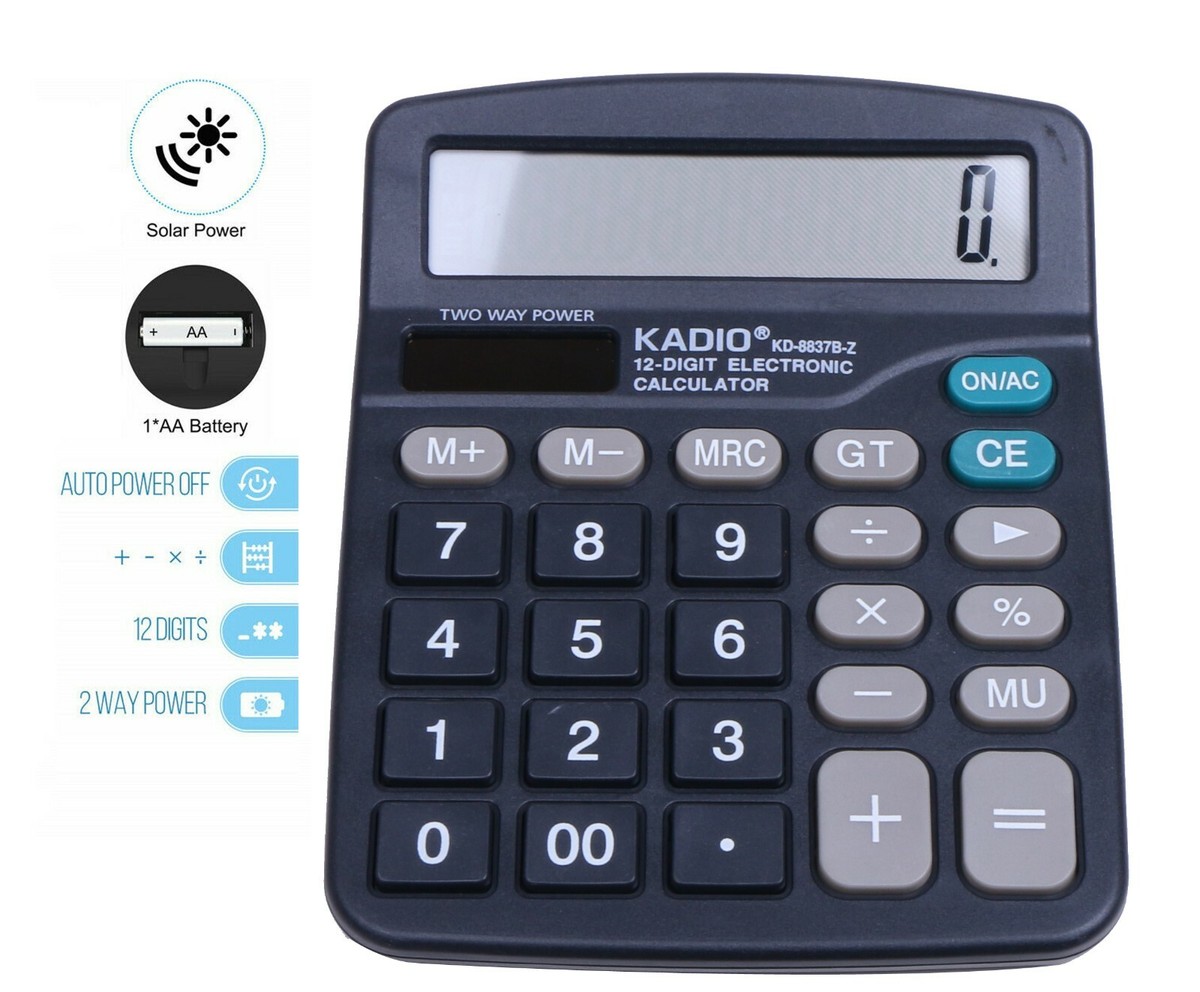 12-Digit Desktop Calculator With Big Buttons - Battery & Solar Powered For Office