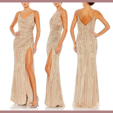 NWT $598 Mac Duggal [ 16 ] Sequined Spaghetti Strap Cowl Back Gown in Nude G1314