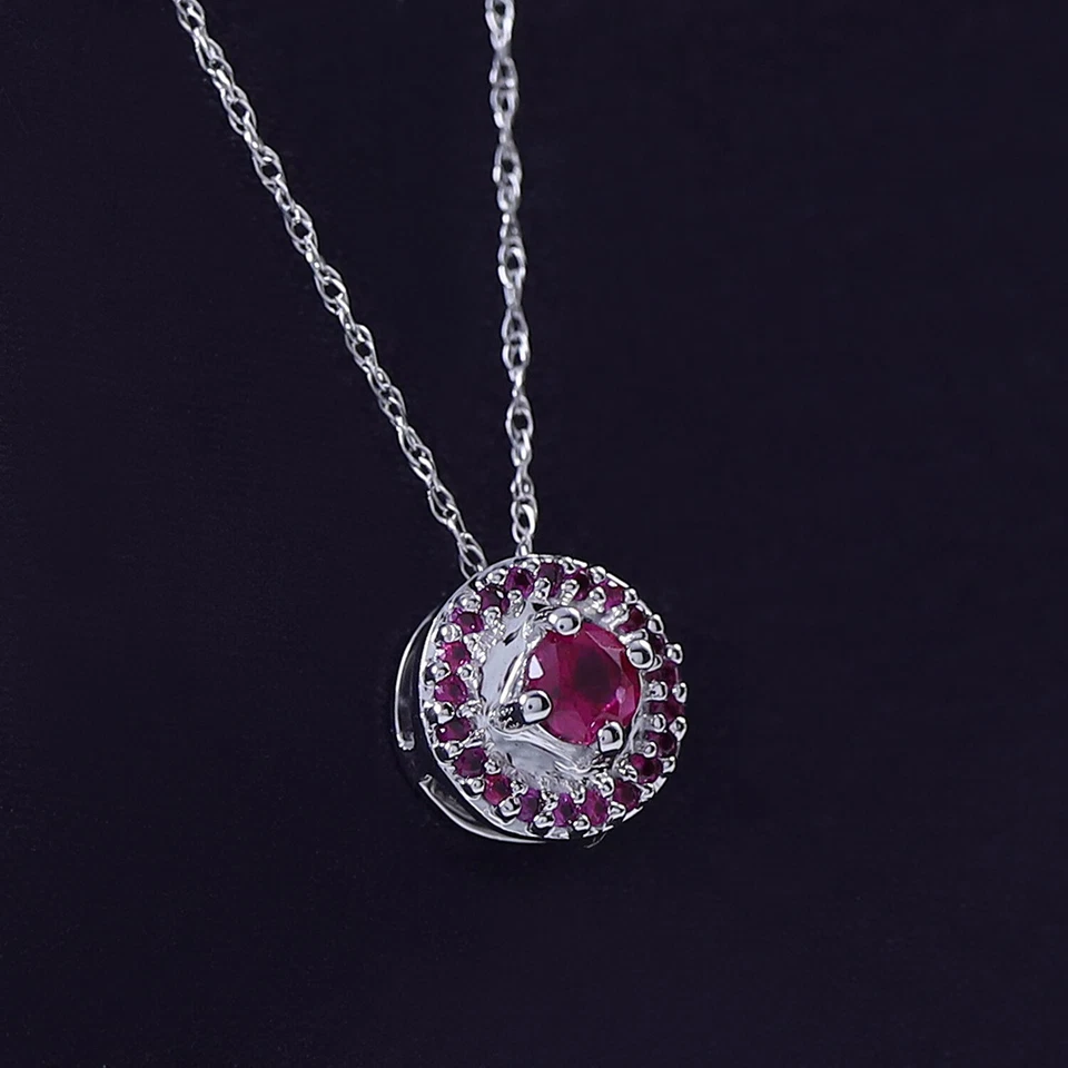 Collar Colgante Halo Zafiro Rosa Simulado en Oro Sólido 10K con Cadena de 18" Foto 4 de 4