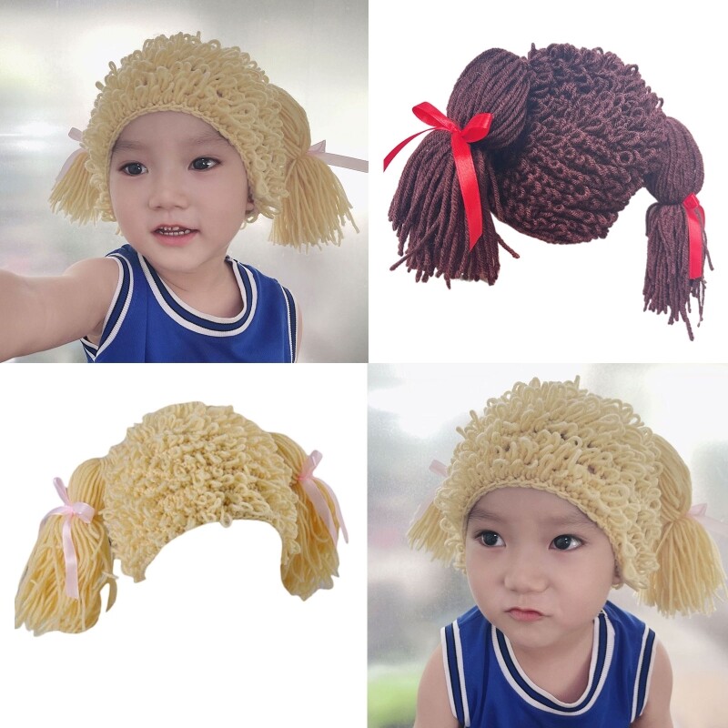 Kid Pigtail Wig Braid Wig Hat Crochet Wig Handmade Woolen Yarn Knitted
