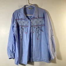 Womens Vintage Collections Etc Embroidered Button Shirt 2XL Blue White Red