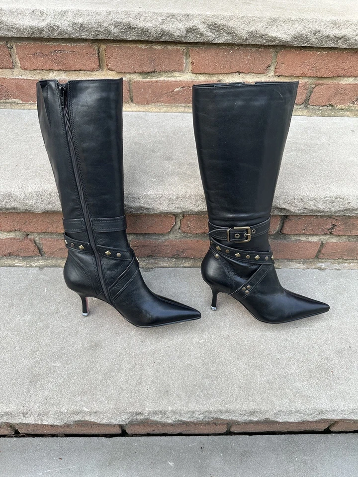 Botas hasta la rodilla SEXY NINA de cuero negro con hebilla punta puntiaguda/talla 6,5 EE. UU. Foto 2 de 4