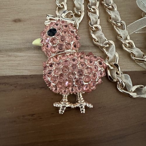 NEW Betsey Johnson Orange Chicken Chick Chickadee Pendant Necklace Ribbon Bow - Picture 2 of 4