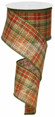 Plaid Ribbon, Orange/Moss Green/Rust/Brown, Wired Ribbon, 2.5'' Wide X 10 Yard Ro