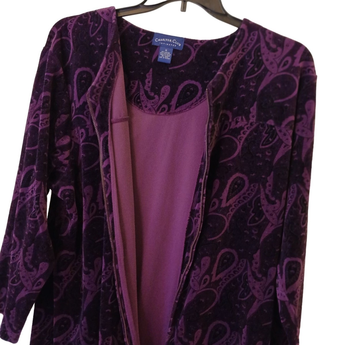 Charter Club Intimates Robe Medium Velour Long Purple Paisley