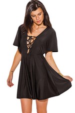 Black Lace up Deep V Neck Kimono Sleeve A Line Dress Small