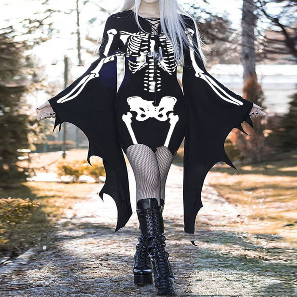Gothic Skeleton Bat Wing Ball Sleeve Sexy Mini Bodycon Dress Widow