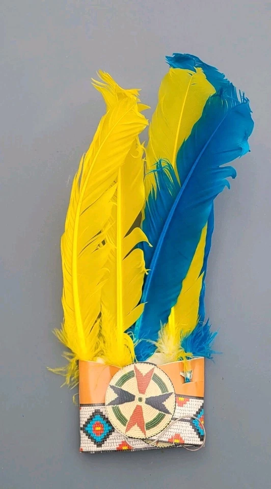 Vintage Costume Big Chief Headdress Lot of 2 Paper Headband Blue/Yellow Feathers - Image 2 of 4