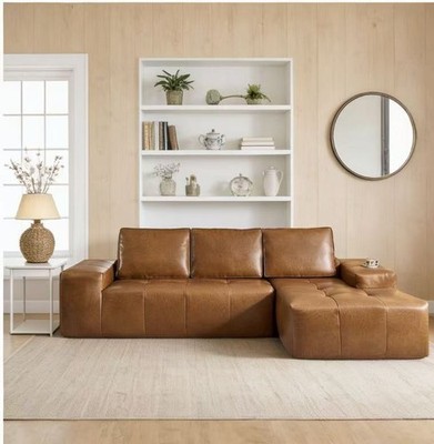 Boneless Couches for Living Room, Brown Faux Leather Cloud Sectional Couches w