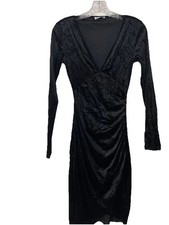 HUHOT Junior’s Deep V Neck long sleeve Velvet Bodycon Ruched Black Dress Small