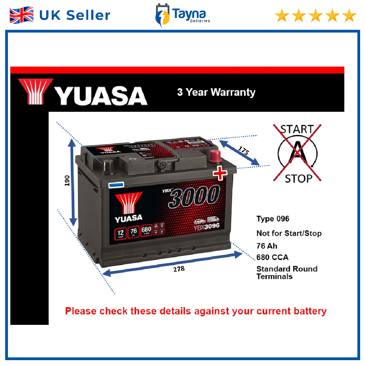 Battery fits TOYOTA YARIS HILUX VERSO COROLLA AVENSIS VERSO AURIS 096