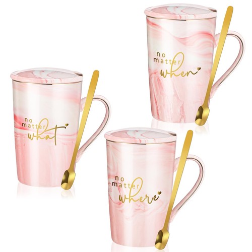 3 Sets Sister Gifts Bulk Pink Ceramic Coffee Mug with Spoon, Employee Appreci...