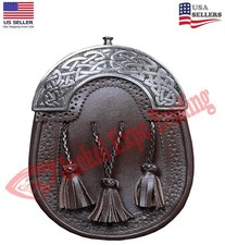 Men's Handmade Brown Leather Celtic Cantle Sporran Traditional Scottish Sporrans