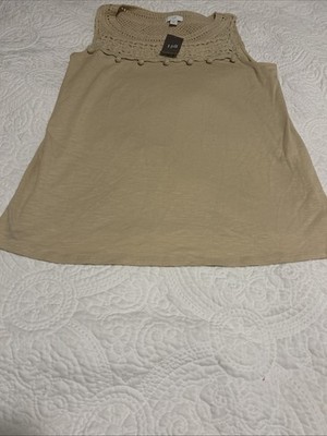 NWT J. Jill Tan Crocheted Pom-Pom Sleeveless Tank Top Shirt Sand TAN S  Petite