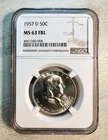 1957-D Franklin Half Dollar NGC MS63 FBL Full Bell Lines Frosty! $1 NR!