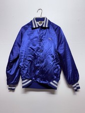 Vintage 1980s Satin Bomber Jacket Blue Size S/M Made in USA Embroidered Nina