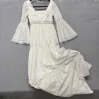 70's Peasant Eyelet Lace Dress Cream Bell Sleeve Cottagecore Boho Prairie Vtg
