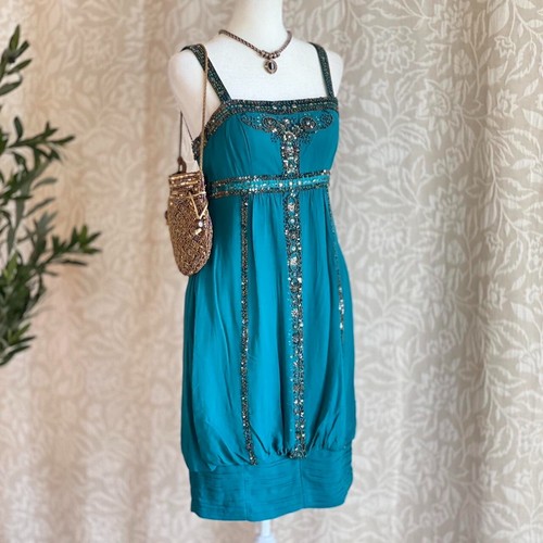 Vtg Y2K Sue Wong Teal Silk Beaded Cocktail Mini Dress Art Deco Flapper Gatsby 4