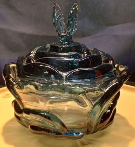 Fenton Saphire Blue Iridescent Glass Butterfly Cabbage Bowl Trinket MCM Vintage