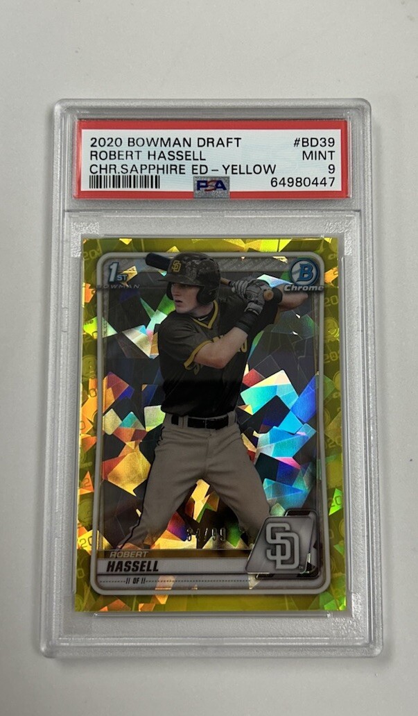 2020 Bowman Draft Nationals Robert Hassell 1st Yellow Sapphire Chrome /99 PSA 9