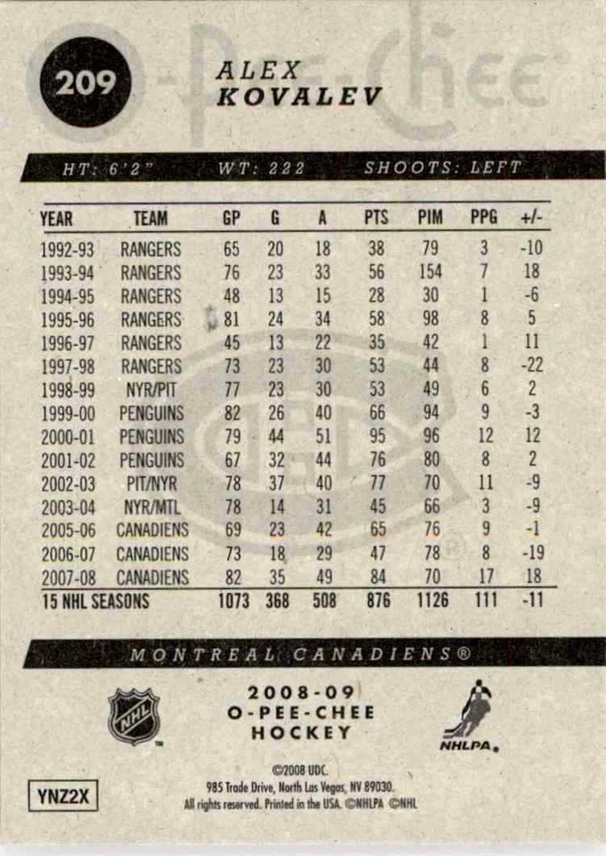 2008-09 O-Pee-Chee Alex Kovalev #209 - Image 2 of 2