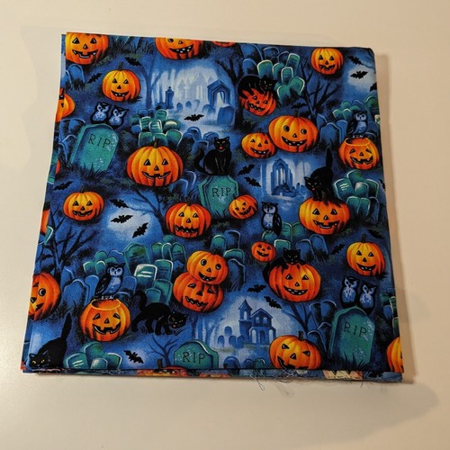 Halloween Pumpkin Quilters Cotton Fabric 2yd x 42" Black Cat Graveyard Bats Blue - Picture 5 of 7