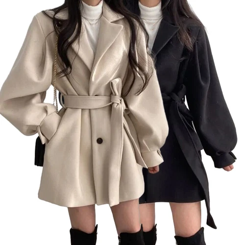 Women's Woolen Coat Autumn Winter Mid Length Lapel Belt Jacket Elegant Outwear - Picture 4 of 16