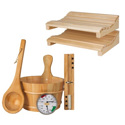 Sauna Zubehör Set Holz Saunaset Eimer Kelle Sanduhr Thermo-Hygrometer