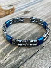 Men  s Women  s 100 Magnetic Black Blue Hematite Bracelet Anklet 2 Row Therapy