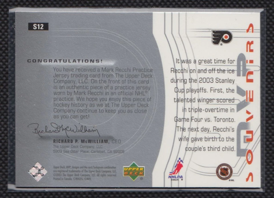 2003-04 Upper Deck MVP Souvenirs Mark Recchi Philadelphia Flyers #S12 - Image 2 of 2