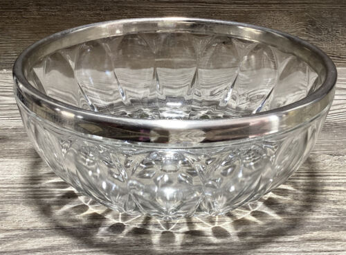 Diamond Cut Lead Crystal Glass Bowl Italy Primrose Silver Plate Rim Heavy - Photo 1/11