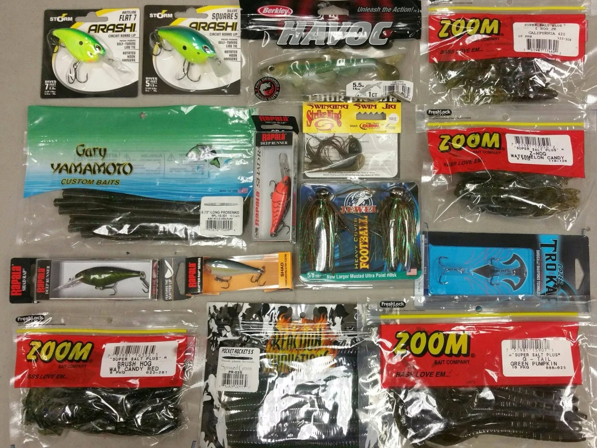 NEW Fishing Tackle Assortment Grab Box $100 Variety Lures,Soft Plastics,  Hooks