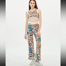 Conjunto Top corto floral multicolor de sidra para mujer y pantalón de pierna ancha talla L