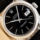 ROLEX MENS DATEJUST 16014 18K GOLD STEEL BLACK DIAL BLACK LEATHER BAND WATCH