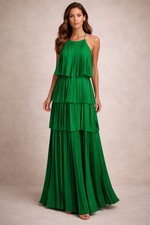 Strut & Bolt Pleated Satin Tiered Maxi Dress Green Emerald Large NWT Formal