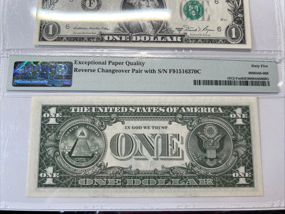 Both! 1981 $1 Federal Reserve Note Fr#-F1912 Reverse Changeover MULE PMG 65! - Image 4 of 4