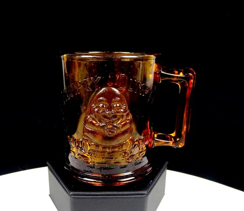 TIARA GLASS NURSERY RHYME AMBER HUMPTY DUMPTY / TOM TOM 3 1/2" MUG 1970's