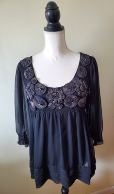 ICE Women's L Top Rosette Ribbon Yoke 3/4 Sheer Sleeve Body Lined Black