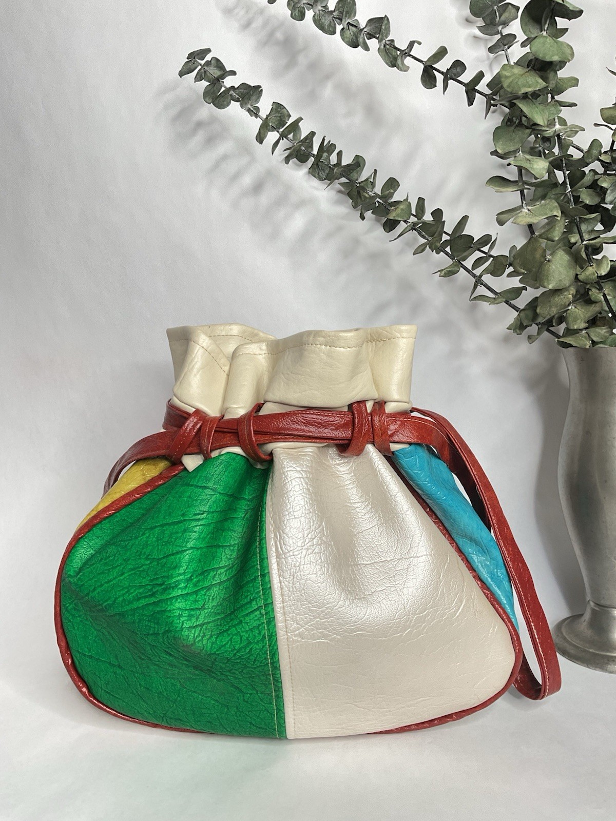 1960s 1970s Multi Colored Patchwork Drawstring Bu… - image 3