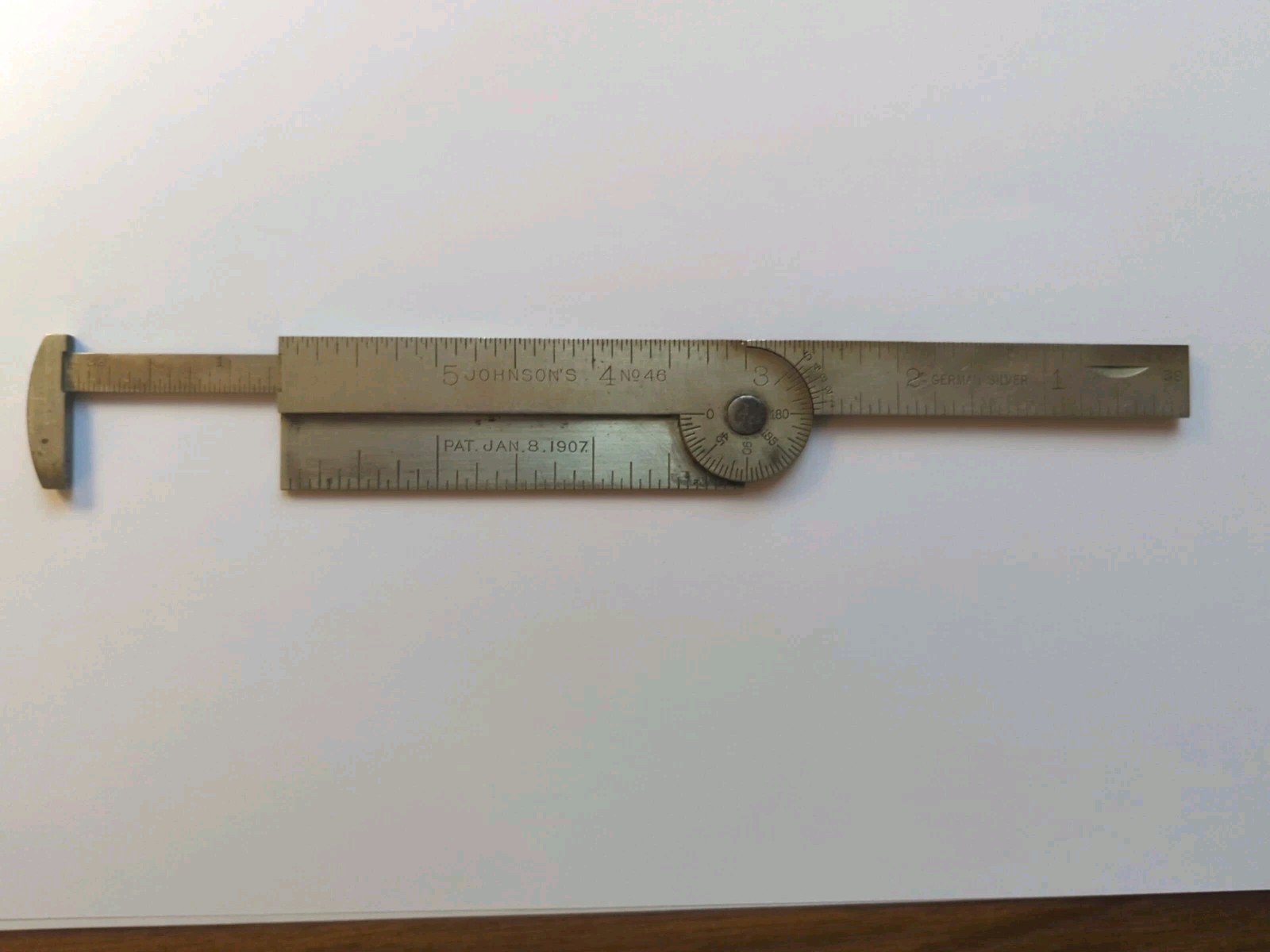 RARE E.P. JOHNSON'S #46 VERNIER PROTRACTOR, CALIPER & 6" RULE; GERMAN SILVER