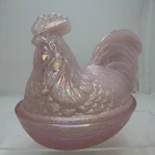 Vintage Fenton PINK Rooster Hen on Nest Carnival Glass Iridescent 7" Excellent