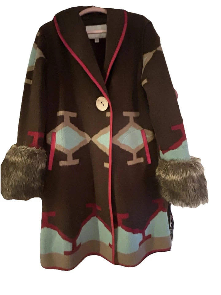 Vintage Boston Proper Aztec Santa Fe Coat Sz S Tribal Blanket w/Faux Fur Trim - Image 2 of 4