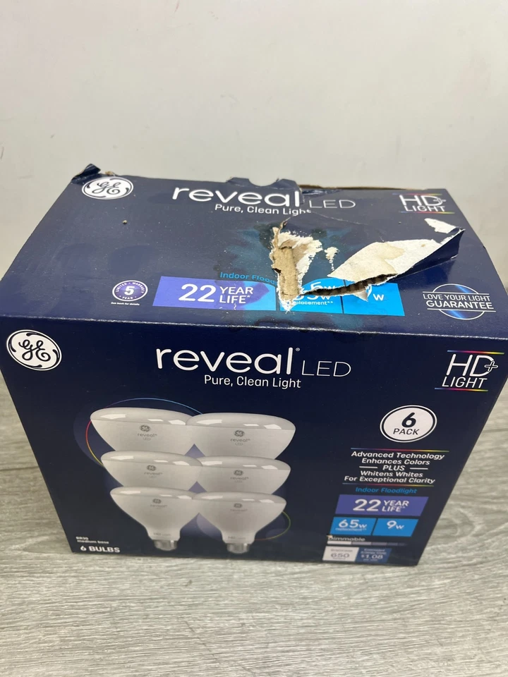 GE Reveal 6-Pack 65 W Equivalent Dimmable BR30 LED Light Bulbs - NEW/OPEN BOX - Image 2 of 2