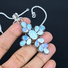 Milky Opal Gemstone Cross Pendant 925 Sterling Silver Handmade Pendant Necklace